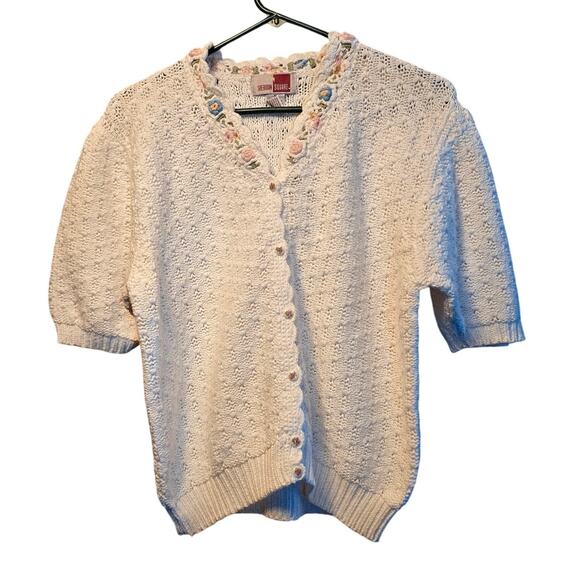 Vintage sheridan square open knit floral embroidered floral cardigan - Picture 1 of 7